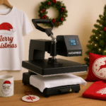 Prensa térmica Hatapress en escenario navideño con productos personalizados.